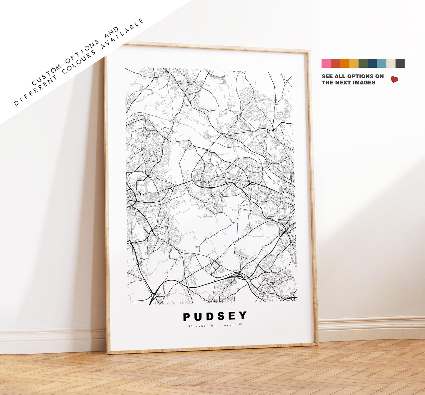 Pudsey Map Print - Minimalist City Map Poster - Map Art - UK - Pudsey Print - Pudsey, West Yorkshire - Different Colours Available