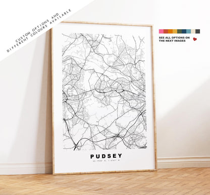 Pudsey Map Print - Minimalist City Map Poster - Map Art - UK - Pudsey Print - Pudsey, West Yorkshire - Different Colours Available