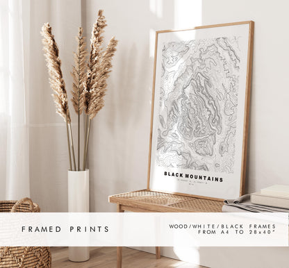 Black Mountains Map Print - Contour Map -  Black Mountains Map - Topographic Map - Monmouthshire - Powys - Wales - Y Mynydd Du