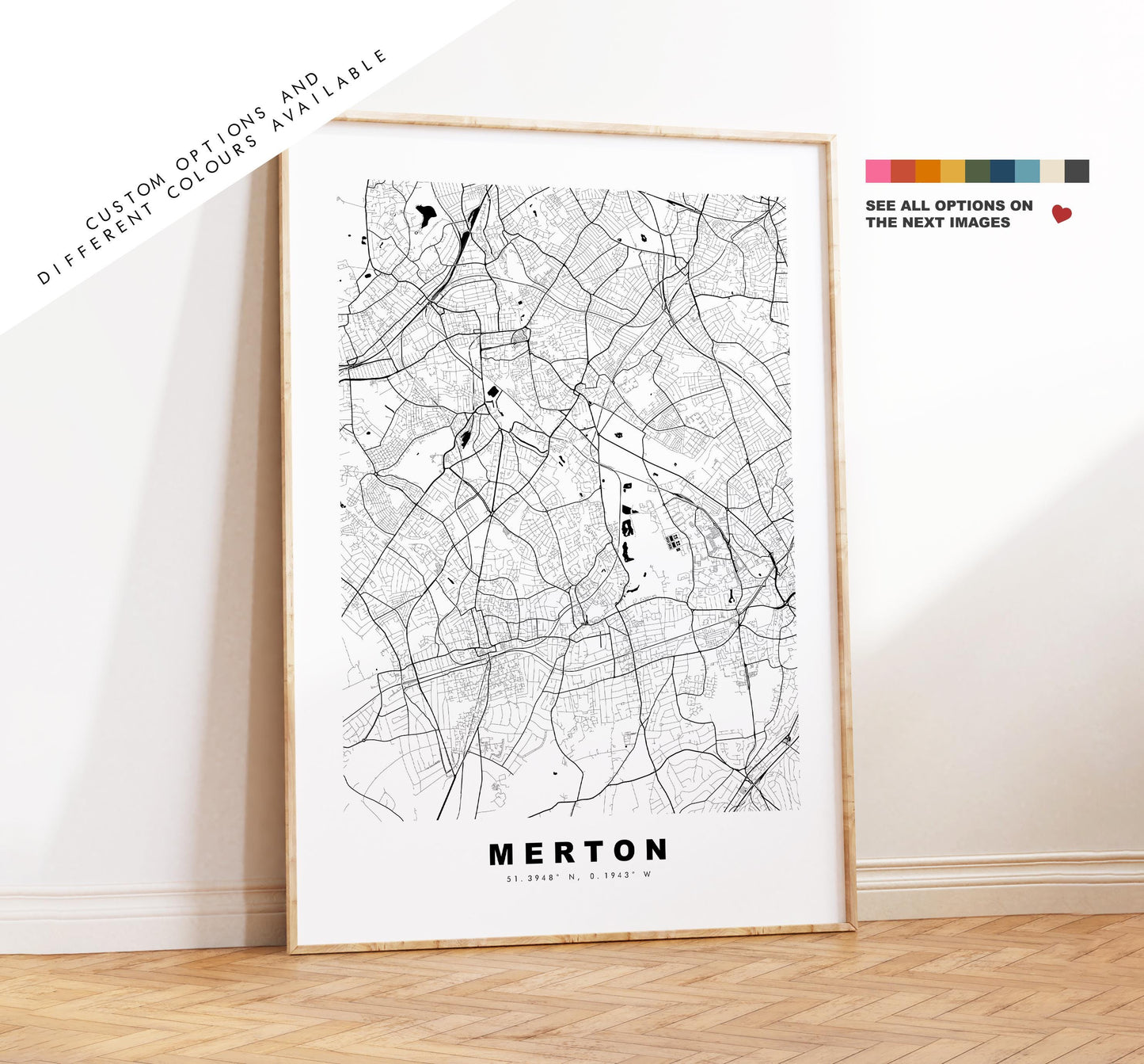 Merton Map Print - Minimalist City Map Poster - Map Art - UK - Merton Print - Merton, London - Different Colours Available