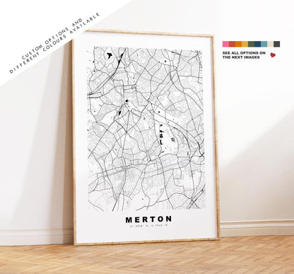 Merton Map Print - Minimalist City Map Poster - Map Art - UK - Merton Print - Merton, London - Different Colours Available