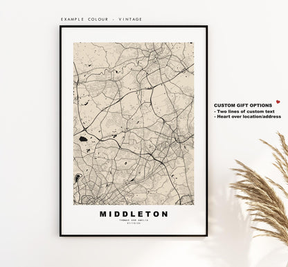 Middleton Map Print - Minimalist City Map Poster - Map Art - UK - Middleton Print - Greater Manchester - Different Colours Available