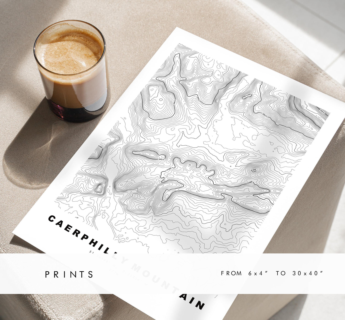 Caerphilly Mountain Print - Caerphilly Mountain Contour Map - Poster - Wales - Topographic Map - Print - Wall Art - Mynydd Caerffili