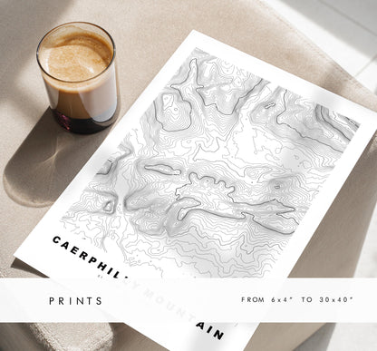 Caerphilly Mountain Print - Caerphilly Mountain Contour Map - Poster - Wales - Topographic Map - Print - Wall Art - Mynydd Caerffili