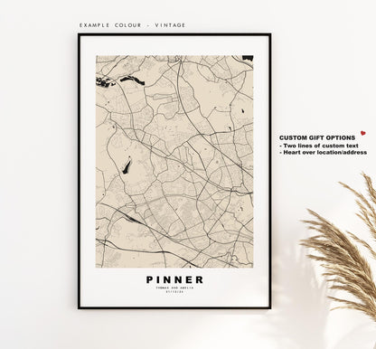 Pinner Map Print - Minimalist City Map Poster - Map Art - UK - Pinner Print - Pinner, London - Different Colours Available