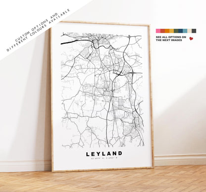 Leyland Map Print - Minimalist City Map Poster - Map Art - UK - Leyland Print - Leyland, Lancashire - Different Colours Available