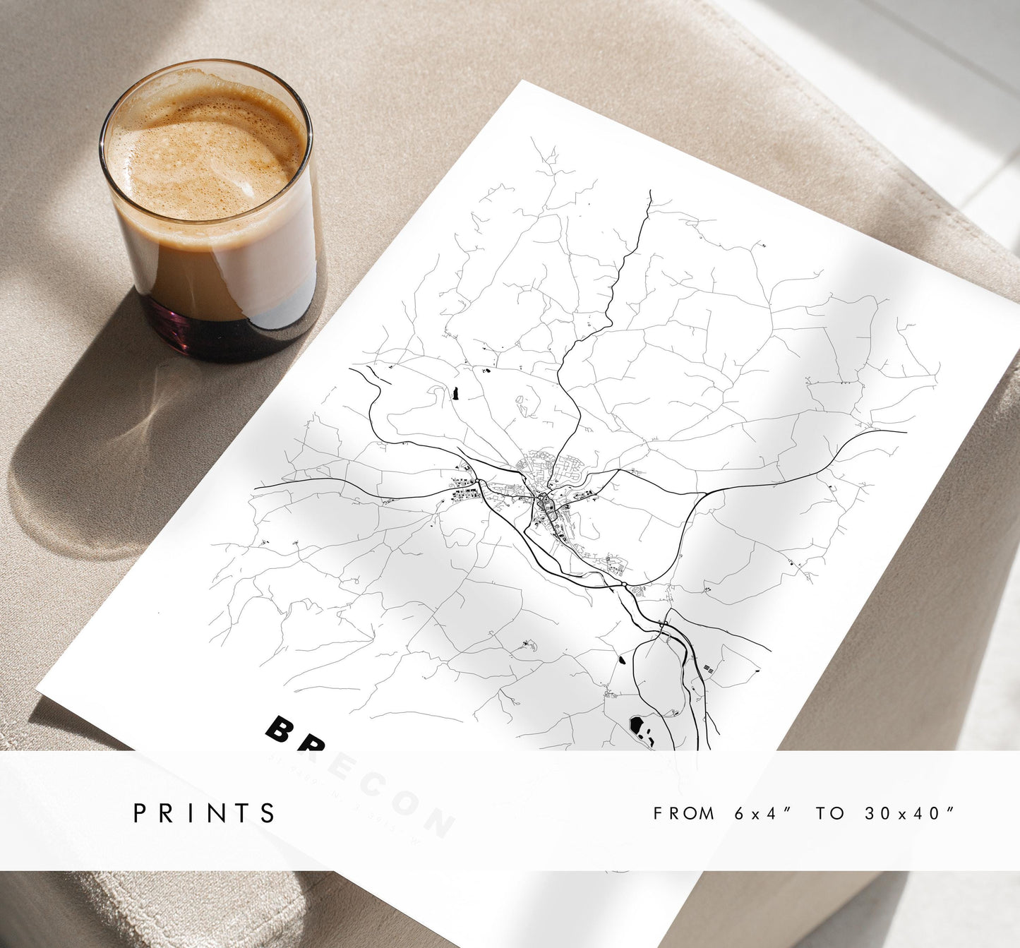 Brecon Map Print - Minimalist City Map Poster - Map Art - Wales - UK - Brecon Print - Brecon Poster - Different Colours Available