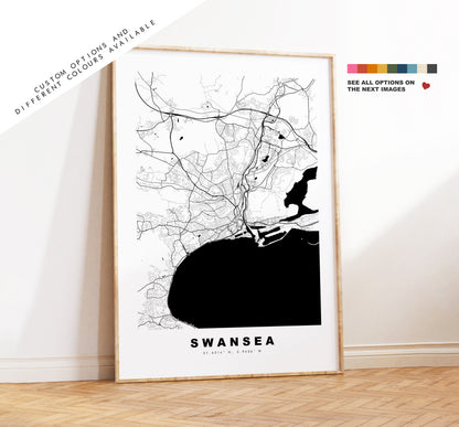 Swansea Map Print - Minimalist City Map Poster - Map Art - Wales - UK - Swansea Print - Swansea Poster - Different Colours Available