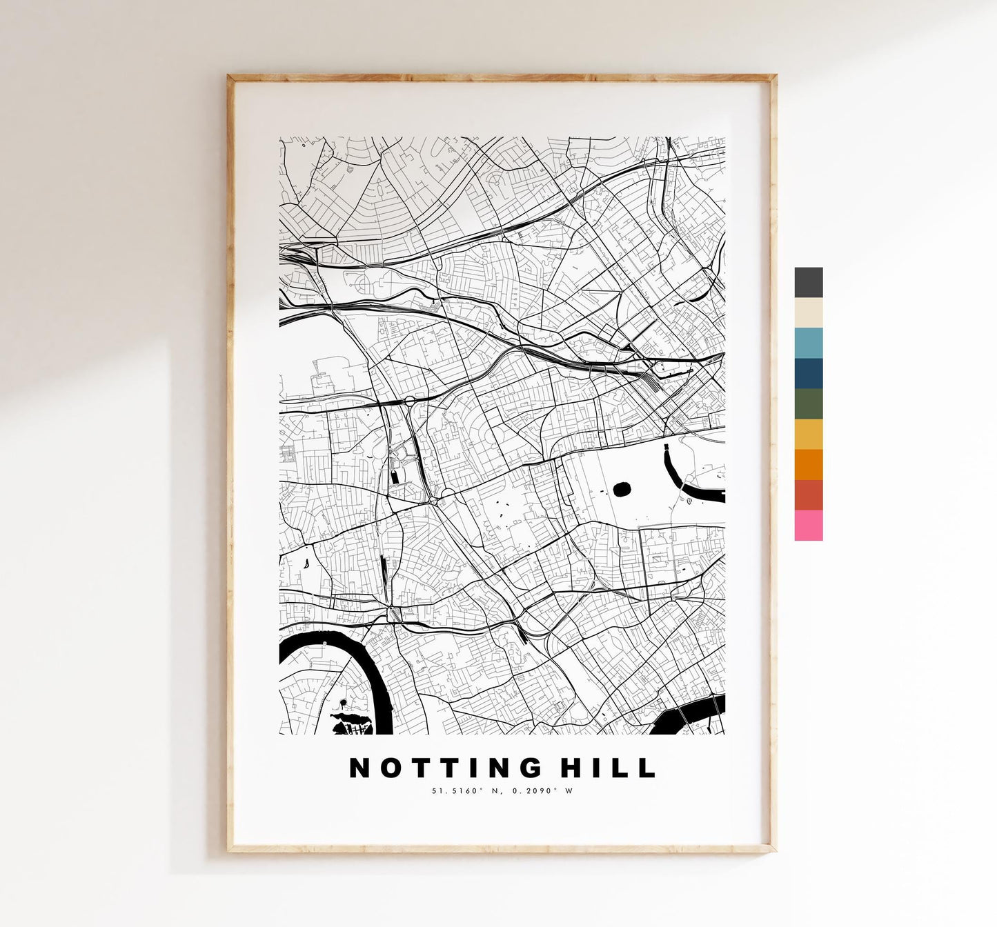 Notting Hill Map Print - Minimalist City Map Poster - Map Art - UK - Notting Hill Print - Notting Hill, London - Different Colours Available
