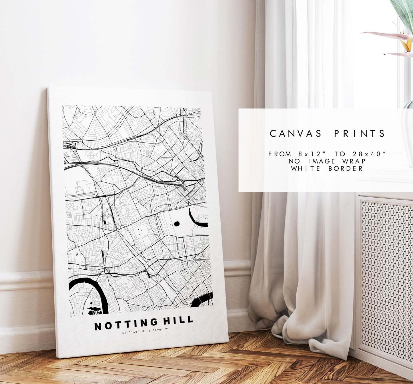 Notting Hill Map Print - Minimalist City Map Poster - Map Art - UK - Notting Hill Print - Notting Hill, London - Different Colours Available