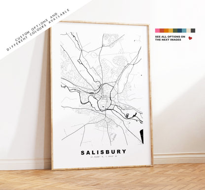Salisbury Map Print - Minimalist City Map Poster - Map Art - UK - Salisbury Print - Salisbury Poster - Different Colours Available