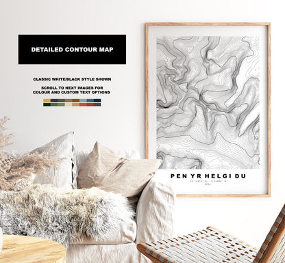 Pen Yr Helgi Du Print - Contour Map - Snowdonia - Wales - Topographic Map - Print - Poster - Wall Art -  Pen Yr Helgi Du Poster - Carneddau