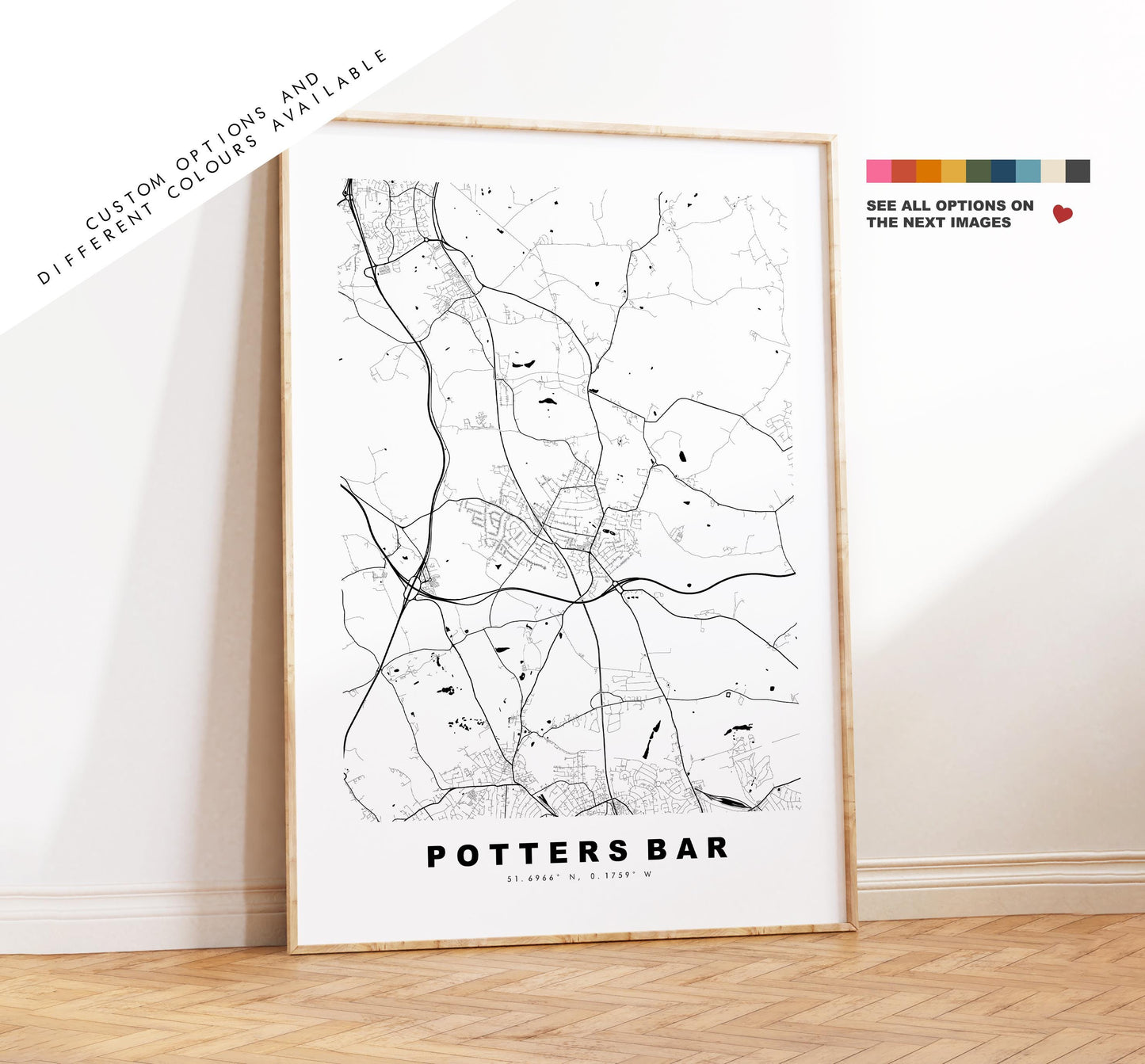 Potters Bar Map Print - Minimalist City Map Poster - Map Art - UK - Potters Bar Print - Hertfordshire - Different Colours Available