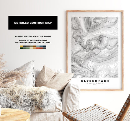 Glyder Fach Print - Contour Map - Snowdonia - Wales - Topographic Map - Print - Poster - Wall Art - Glyder Fach Poster - Glyderau