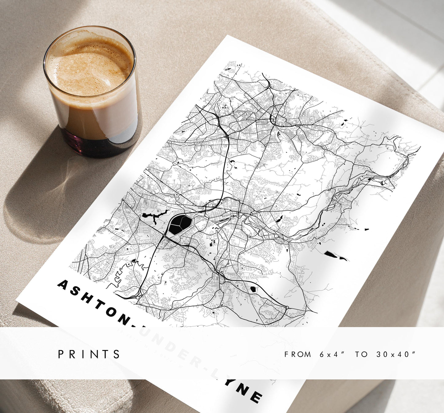 Ashton under Lyne Map Print - Minimalist City Map Poster - Map Art - UK - Ashton Print - Ashton, Manchester - Different Colours Available