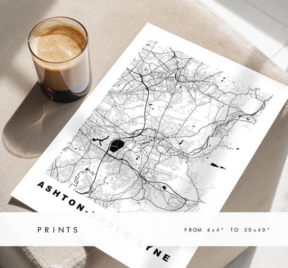 Ashton under Lyne Map Print - Minimalist City Map Poster - Map Art - UK - Ashton Print - Ashton, Manchester - Different Colours Available