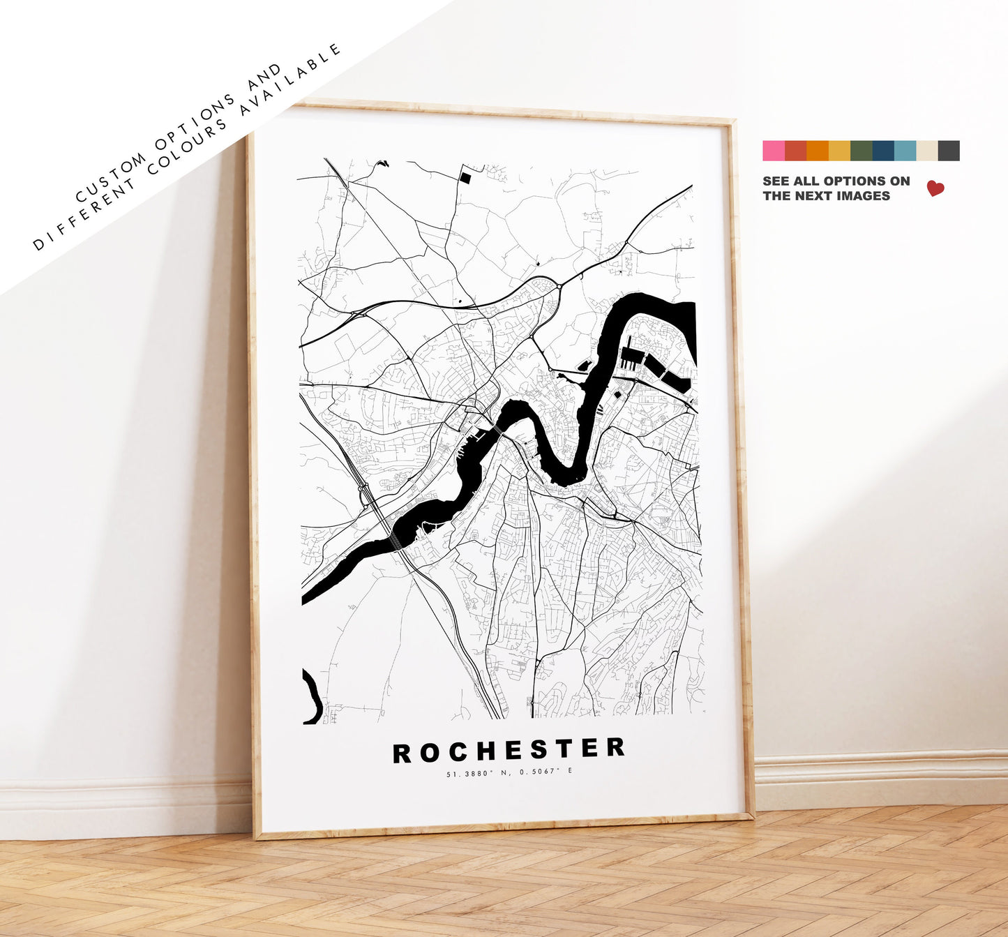 Rochester Map Print - Minimalist City Map Poster - Map Art - UK - Rochester Print - Rochester Poster - Different Colours Available