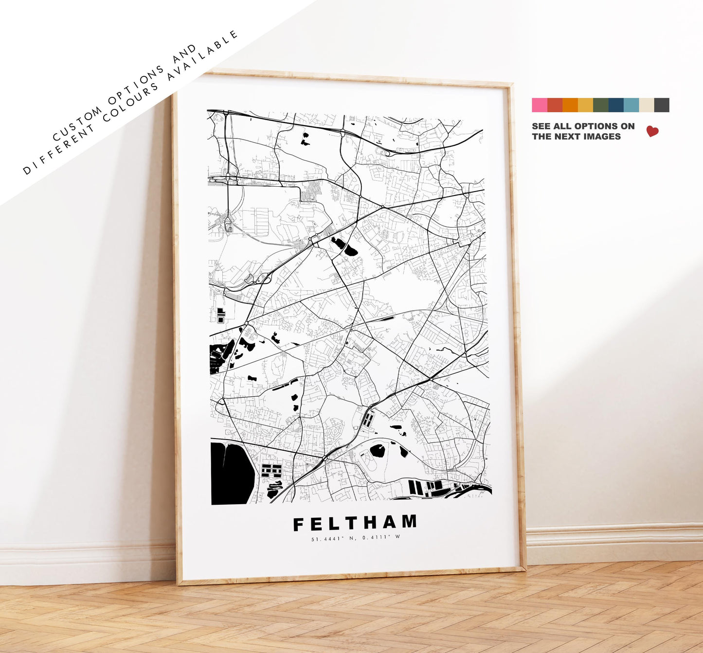 Feltham Map Print - Minimalist City Map Poster - Map Art - UK - Feltham Print - Feltham, London - Different Colours Available