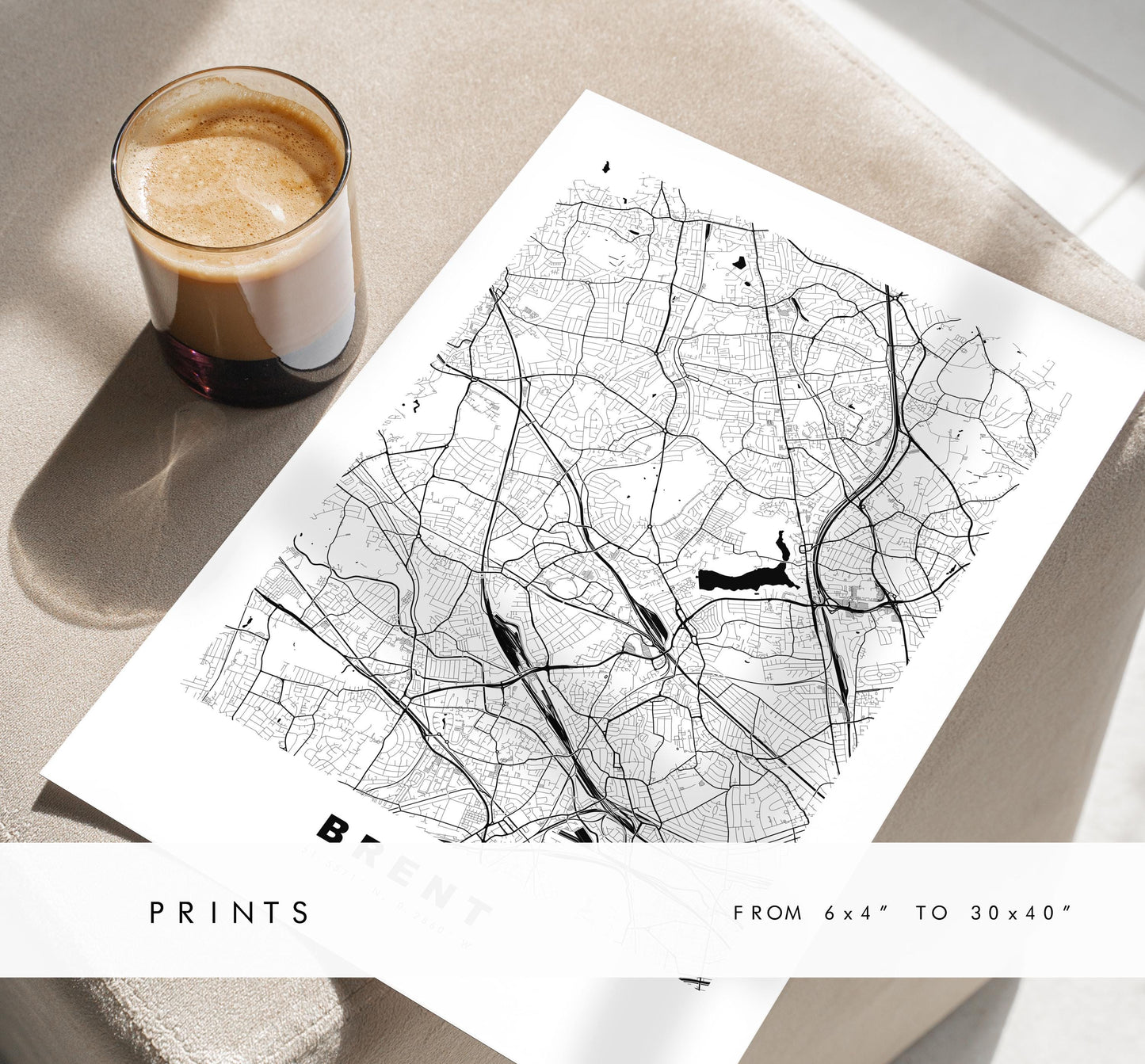 Brent Map Print - Minimalist City Map Poster - Map Art - UK - Brent Print - Brent, London - Different Colours Available