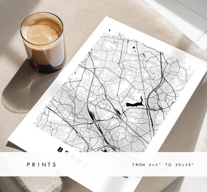 Brent Map Print - Minimalist City Map Poster - Map Art - UK - Brent Print - Brent, London - Different Colours Available