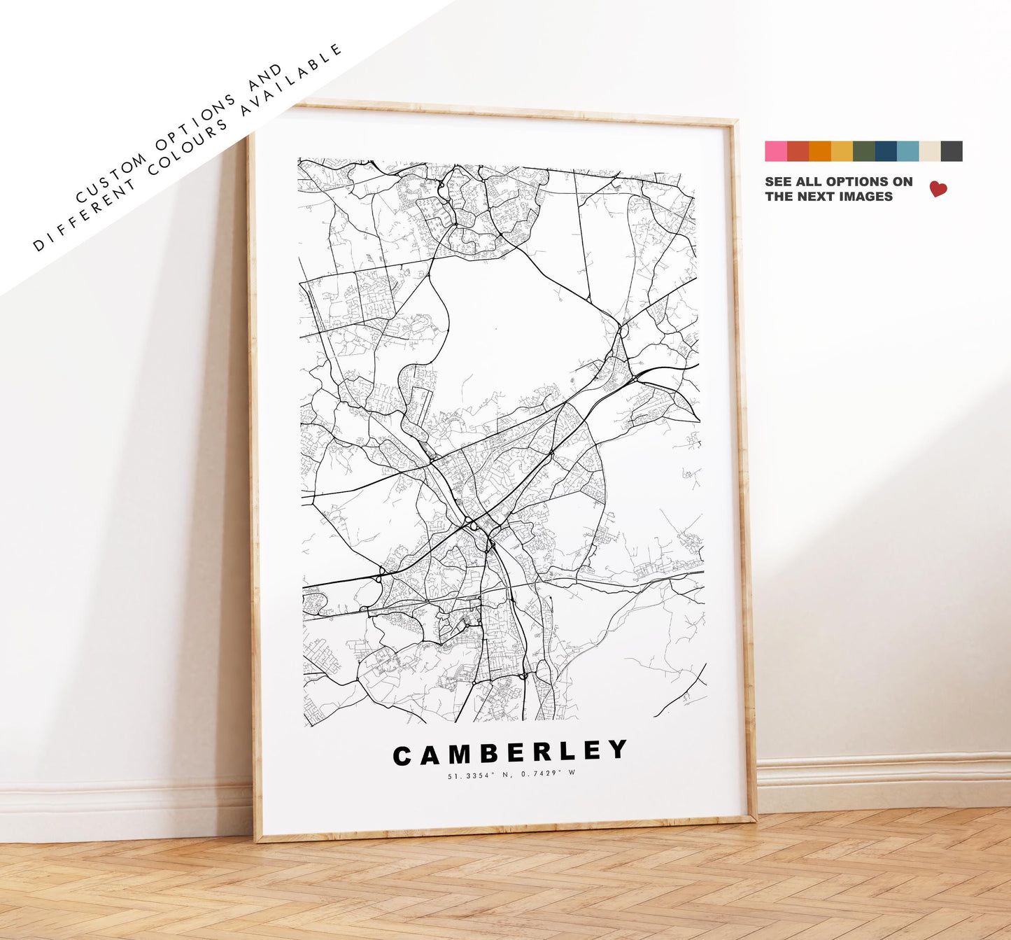 Camberley Map Print - Minimalist City Map Poster - Map Art - UK - Camberley Print - Camberley, Surrey - Different Colours Available