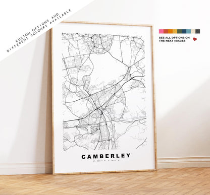 Camberley Map Print - Minimalist City Map Poster - Map Art - UK - Camberley Print - Camberley, Surrey - Different Colours Available