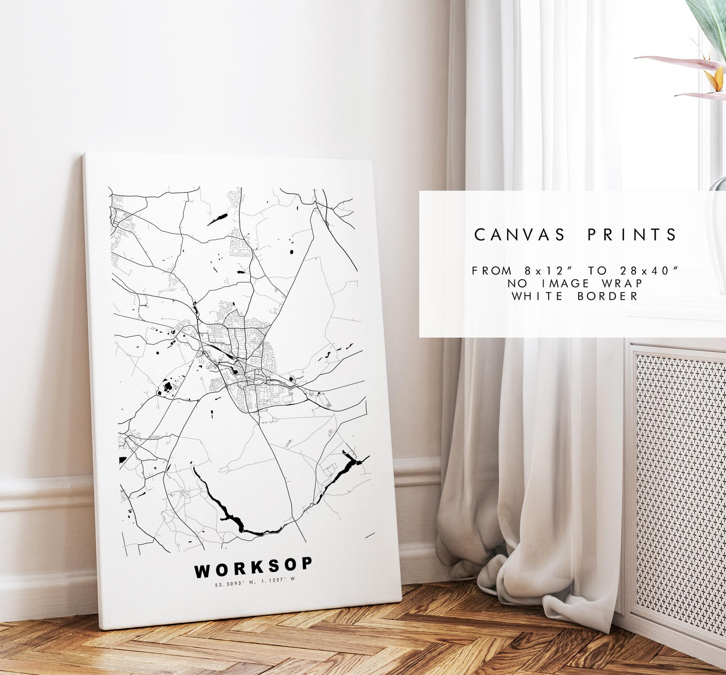 Worksop Map Print - Minimalist City Map Poster - Map Art - UK - Worksop Print - Worksop, Nottinghamshire - Different Colours Available