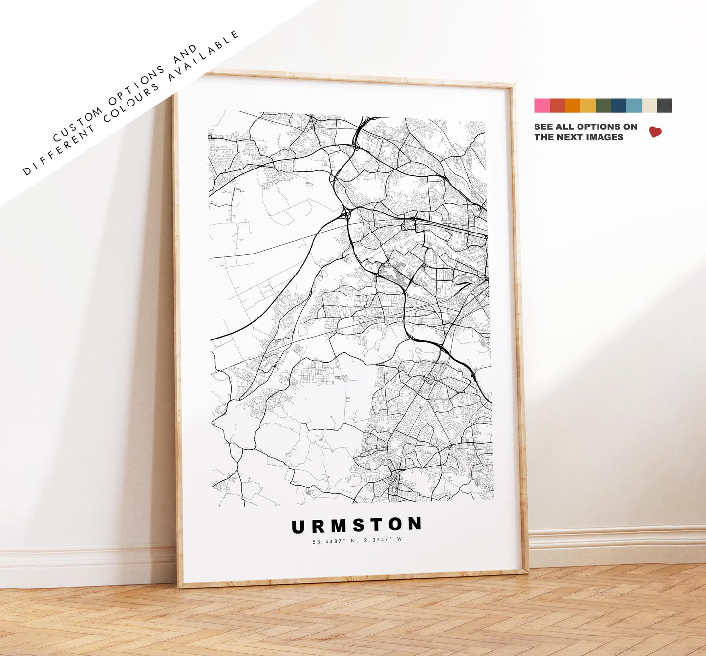 Urmston Map Print - Minimalist City Map Poster - Map Art - UK - Urmston Print - Urmston, Manchester - Different Colours Available