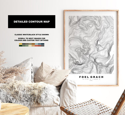 Foel Grach Print - Contour Map - Foel Grach Poster - Wales - Topographic Map - Print - Poster - Wall Art - Welsh 3000s - Carneddau Range