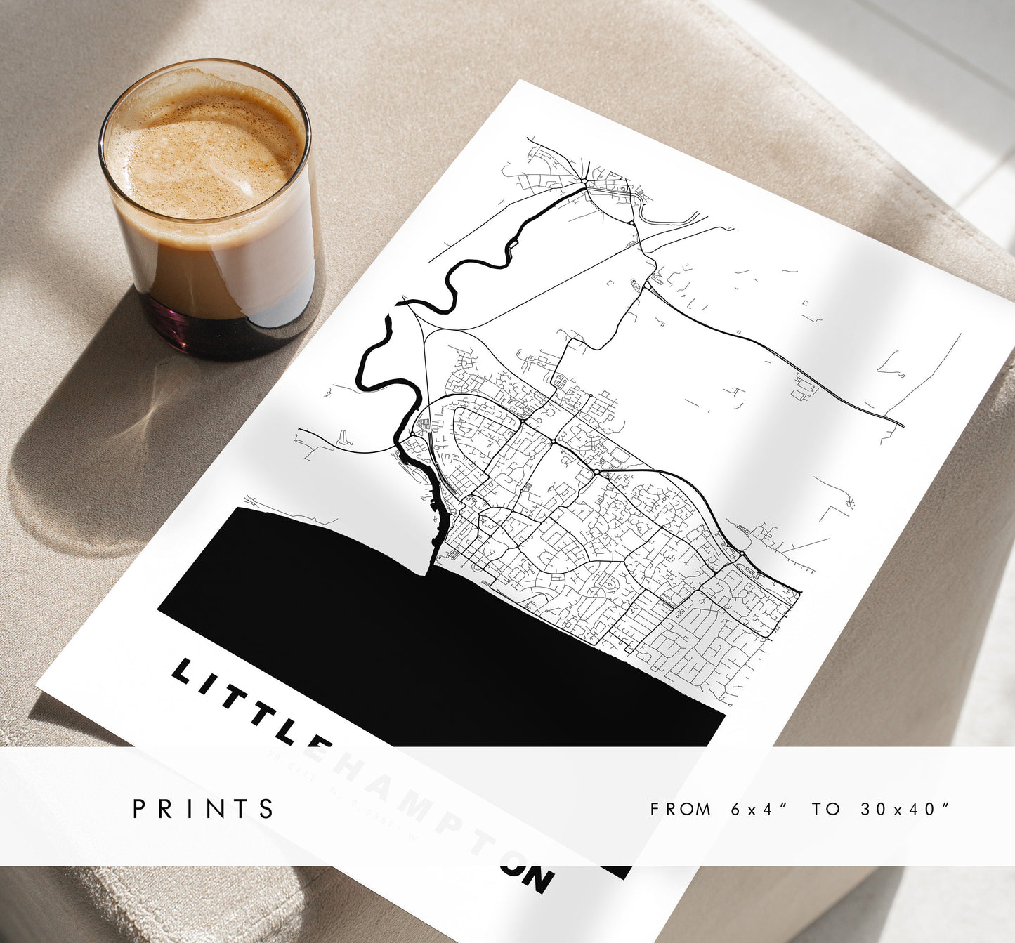 Littlehampton Map Print - Minimalist City Map Poster - Map Art - UK - Littlehampton - Littlehampton Poster - Different Colours Available
