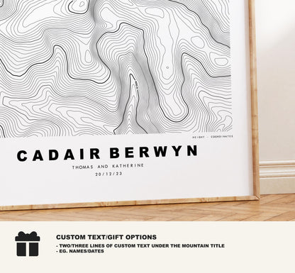 Cadair Berwyn Print - Contour Map - Snowdonia - Wales - Topographic Map - Print - Poster - Wall Art - Cader Berwyn - Craig Uchaf