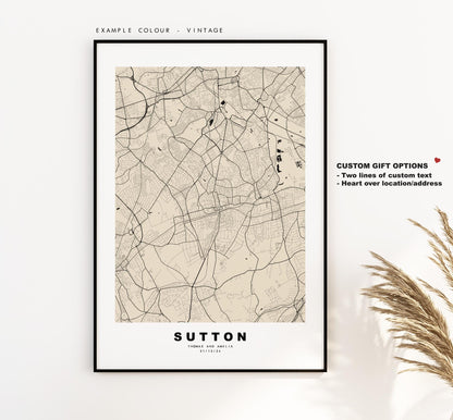Sutton Map Print - Minimalist City Map Poster - Map Art - UK - Sutton Print - Sutton, London - Different Colours Available