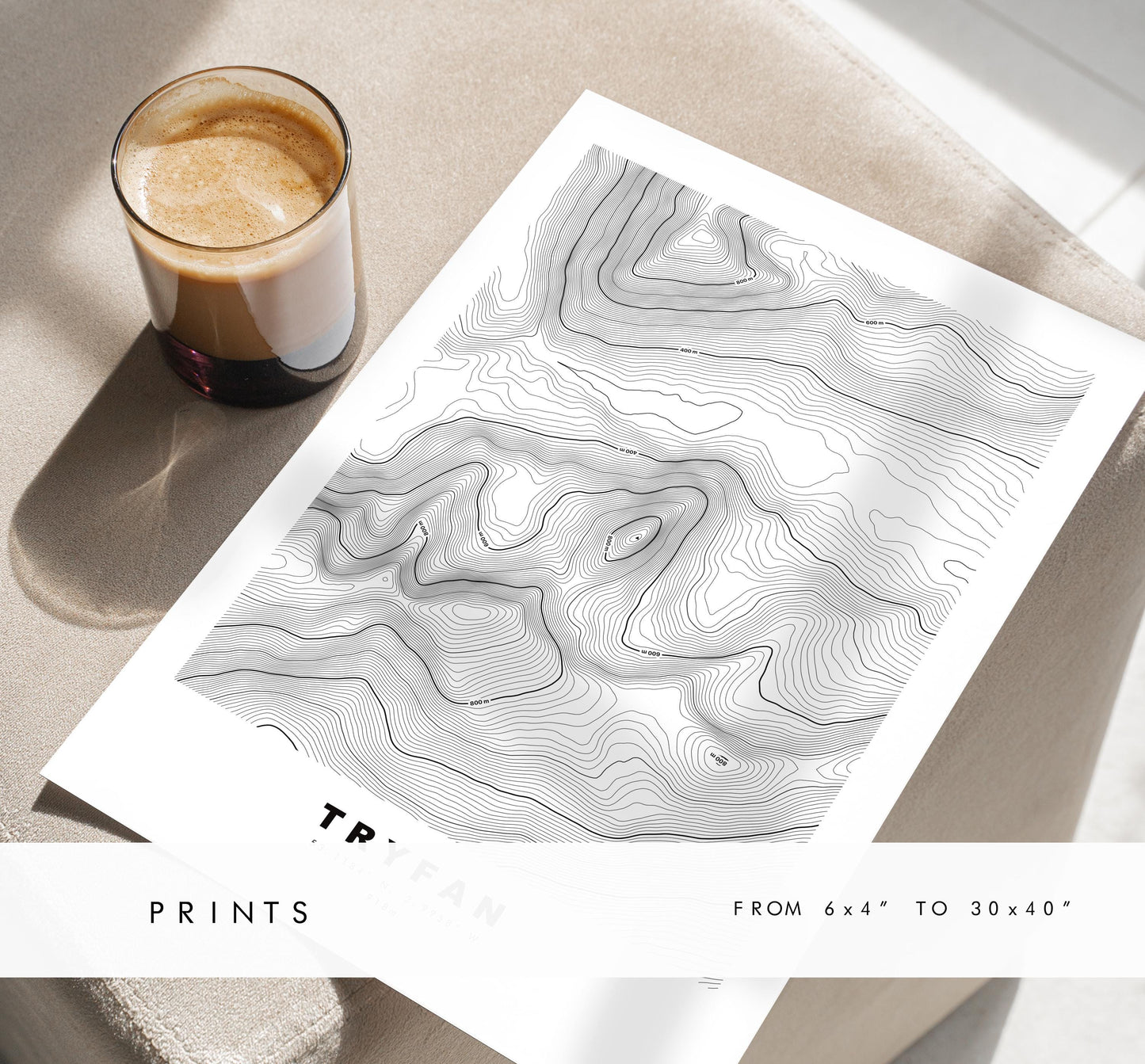 Tryfan Print - Contour Map - Snowdonia - Wales - Topographic Map - Print - Poster - Wall Art - Tryfan Poster - Contour Map - Topography