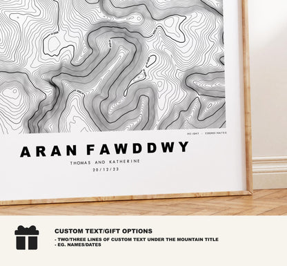Aran Fawddwy Print - Contour Map - Snowdonia - Wales - Topographic Map - Print - Poster - Wall Art -  Aran Fawddwy Poster - Mawddwy Peak