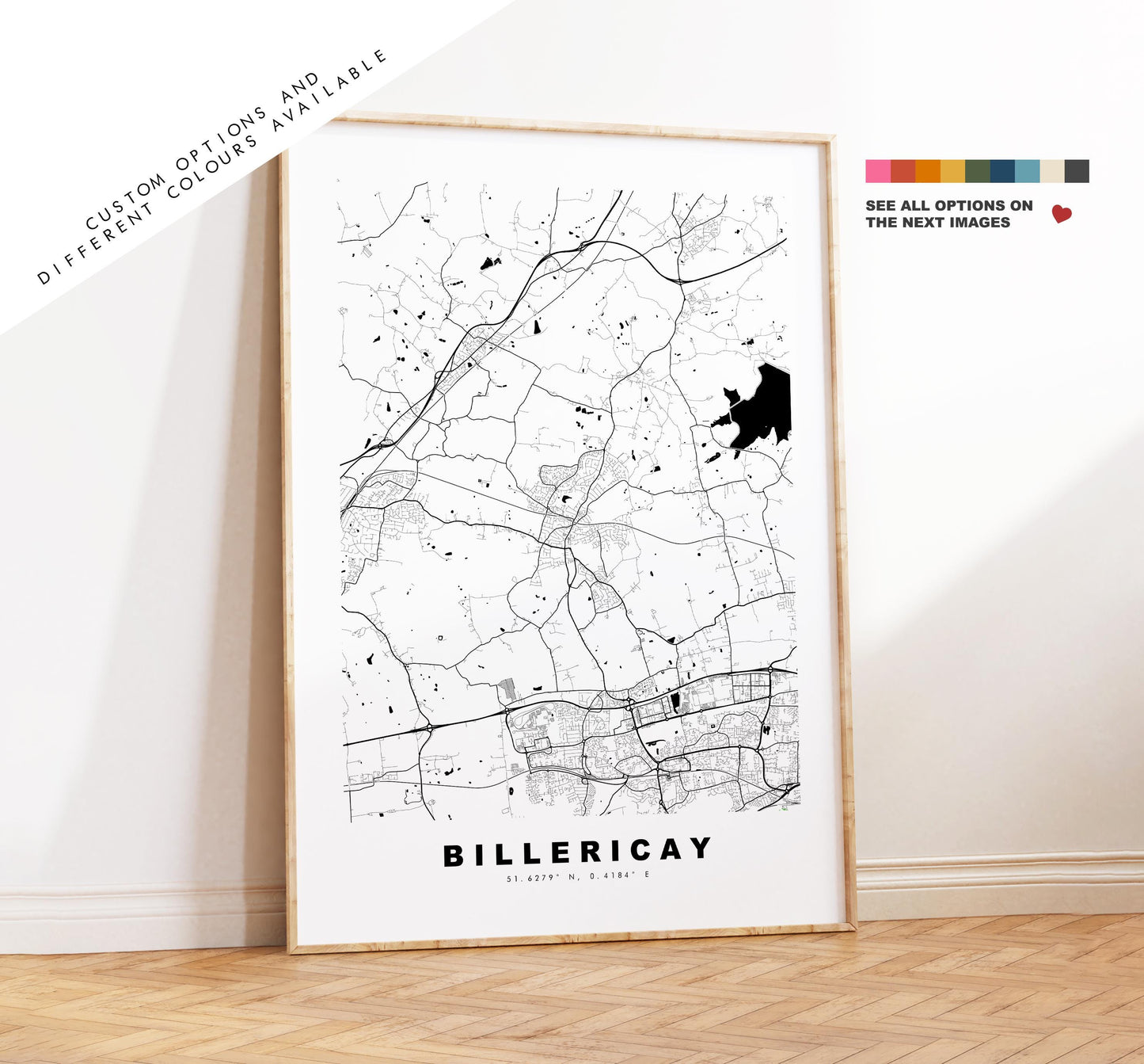Billericay Map Print - Minimalist City Map Poster - Map Art - UK - Billericay Print - Billericay, Essex - Different Colours Available
