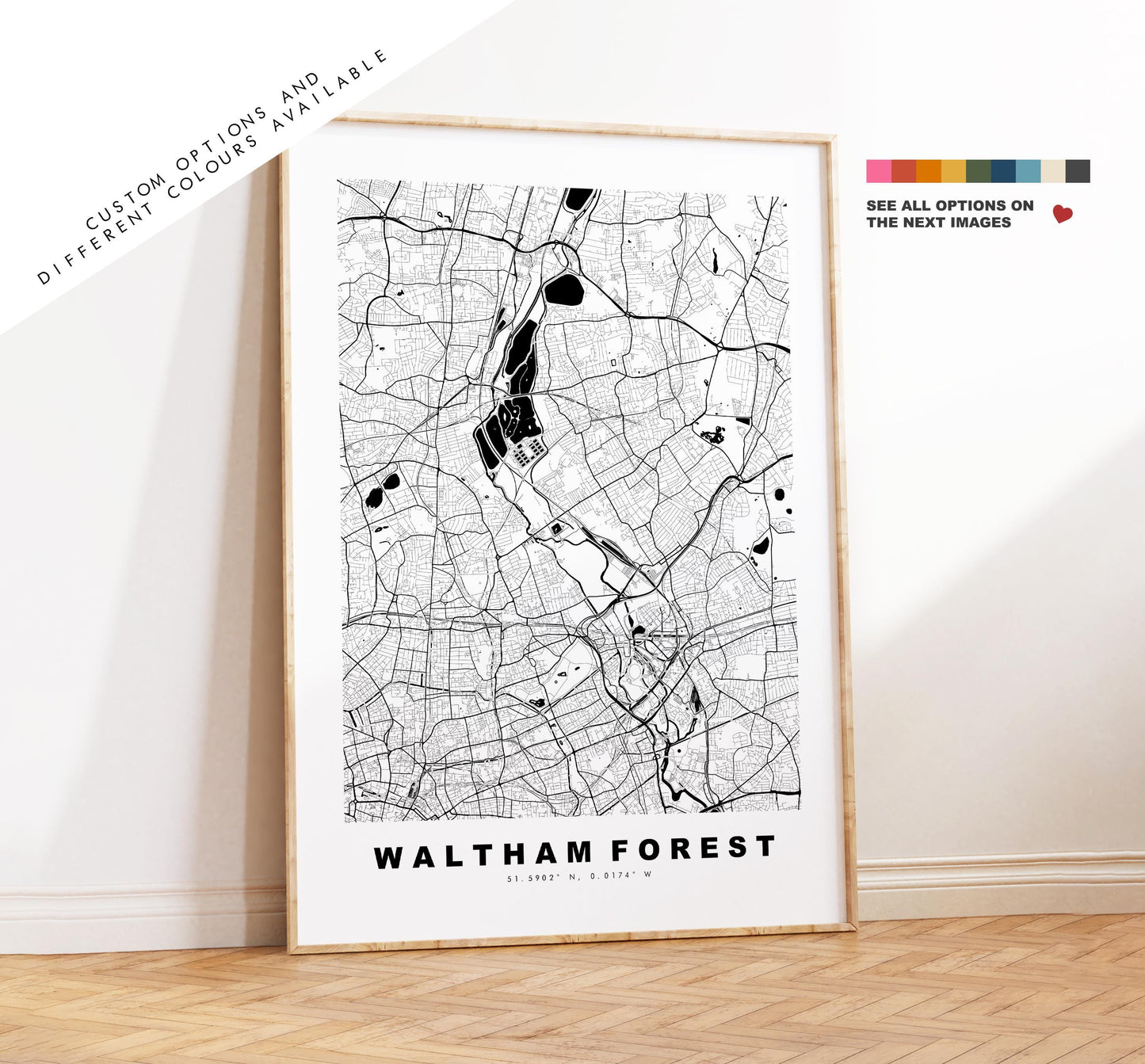 Waltham Forest Map Print - Minimalist City Map Poster - Map Art - UK - Waltham Forest Print - London - Different Colours Available