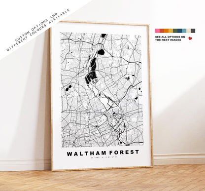 Waltham Forest Map Print - Minimalist City Map Poster - Map Art - UK - Waltham Forest Print - London - Different Colours Available