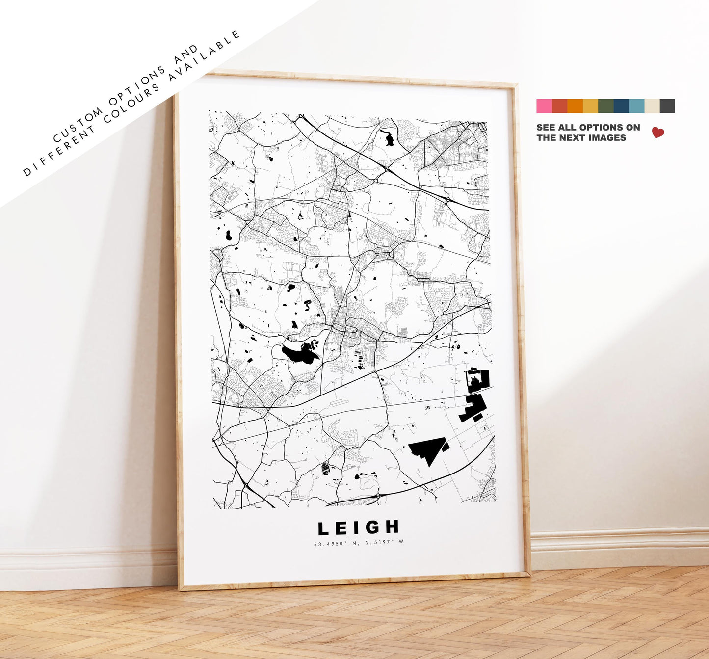 Leigh Map Print - Minimalist City Map Poster - Map Art - UK - Leigh Print - Leigh, Manchester - Different Colours Available