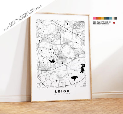 Leigh Map Print - Minimalist City Map Poster - Map Art - UK - Leigh Print - Leigh, Manchester - Different Colours Available