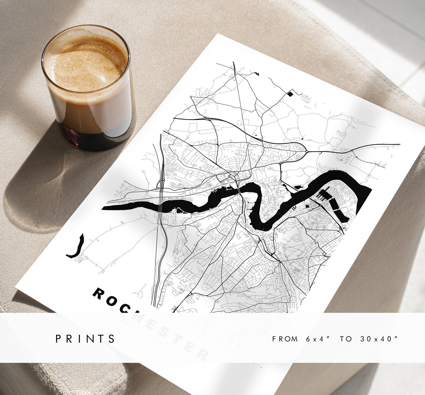 Rochester Map Print - Minimalist City Map Poster - Map Art - UK - Rochester Print - Rochester Poster - Different Colours Available