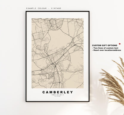 Camberley Map Print - Minimalist City Map Poster - Map Art - UK - Camberley Print - Camberley, Surrey - Different Colours Available