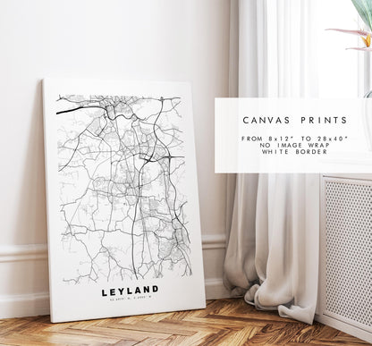Leyland Map Print - Minimalist City Map Poster - Map Art - UK - Leyland Print - Leyland, Lancashire - Different Colours Available