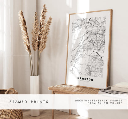 Urmston Map Print - Minimalist City Map Poster - Map Art - UK - Urmston Print - Urmston, Manchester - Different Colours Available