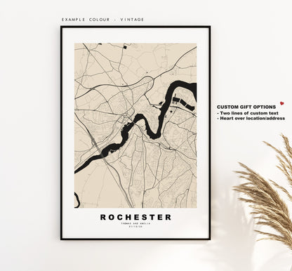 Rochester Map Print - Minimalist City Map Poster - Map Art - UK - Rochester Print - Rochester Poster - Different Colours Available
