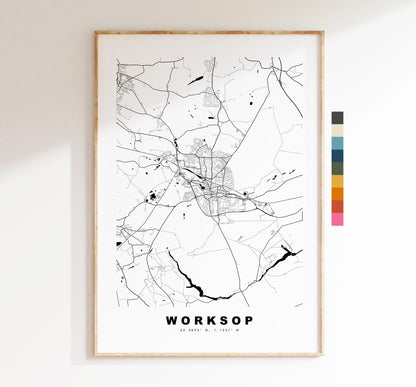 Worksop Map Print - Minimalist City Map Poster - Map Art - UK - Worksop Print - Worksop, Nottinghamshire - Different Colours Available
