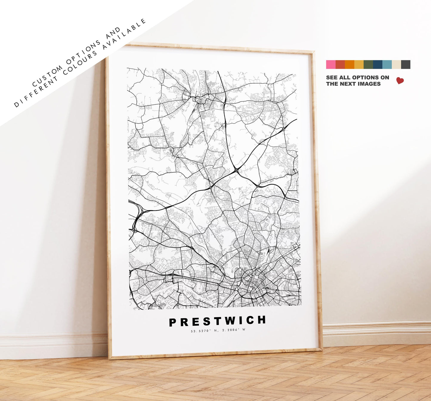 Prestwich Map Print - Minimalist City Map Poster - Map Art - UK - Prestwich Print - Prestwich, Manchester - Different Colours Available