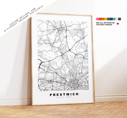 Prestwich Map Print - Minimalist City Map Poster - Map Art - UK - Prestwich Print - Prestwich, Manchester - Different Colours Available