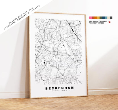 Beckenham Map Print - Minimalist City Map Poster - Map Art - UK - Beckenham Print - Beckenham, London - Different Colours Available