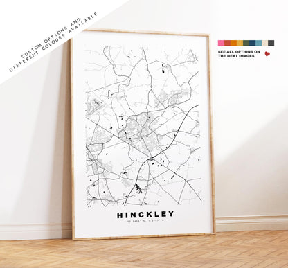 Hinckley Map Print - Minimalist City Map Poster - Map Art - UK - Hinckley Print - Hinckley, Leicestershire - Different Colours Available