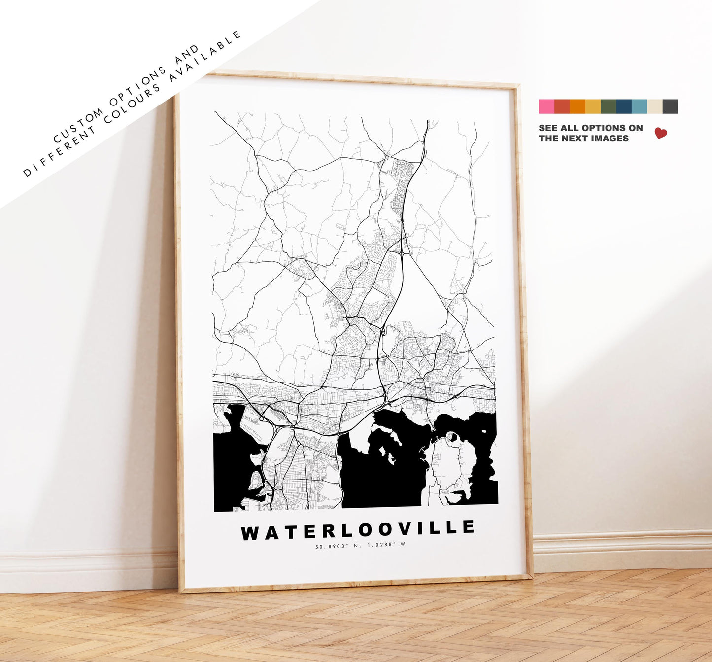 Waterlooville Map Print - Minimalist City Map Poster - Map Art - UK - Waterlooville Print - Hampshire - Different Colours Available